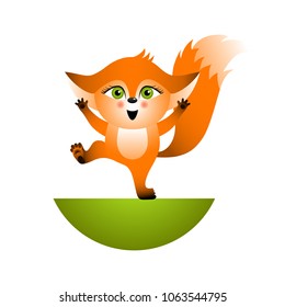 Isolated red cartoon fox cub on white background. Orange happy frendly fox. Wild animal funny personage.