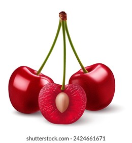 Cerezas rojas aisladas en un tallo sobre fondo blanco. Tres frutos de cereza dulce en un tallo, uno cortado por la mitad con una fosa