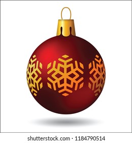 Isolated red christmas ball with golden snowflakes.