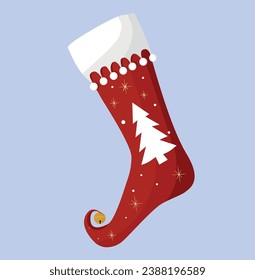 Isolated Red christmas stocking with snowflakes and white tree on colored background . Vector image, illustration