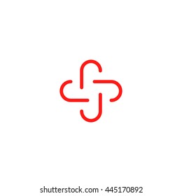 Isolated red color abstract cross vector logo. Outlined plus sign. Medical icon. Decorative element.
