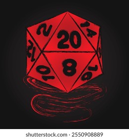 Isolated Red D20 Die doodle style with back background gradient glow