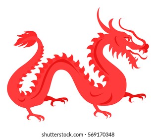 Isolated red dragon on white. Hand drawn ruddy chinese symbol reptilian traits of prosperity and welfare. Vector illustration of twisted fire-spewing animal with tail, four claws and open mouth