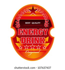 Isolated red energy drink label with red stars and various decorative elements