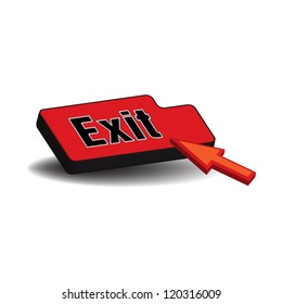 Isolated red exit button and a mouse cursor ready to push the button. Exit concept