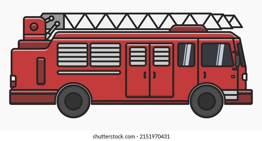 isolated red firetruck cartoon style side view vector flat illustration