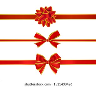 isolated of red and gold ribbon bow set on white background. Concept for ribbon tie on gift box for new year or christmas decoration in vector illustration