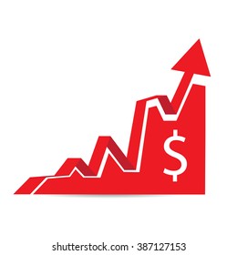 Isolated red graph with a money symbol and an arrow on a white background