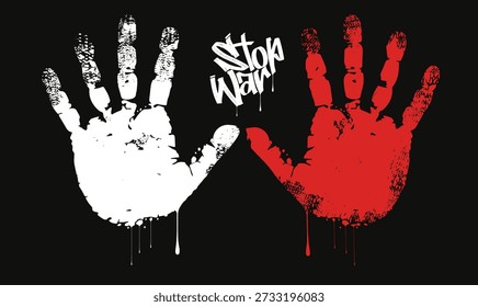 Isolated red grunge hand print, Stop War graffiti slogan print, Stop the war Text on red splashes,tees, clip arts, banners, social media, stickers, posters.eps