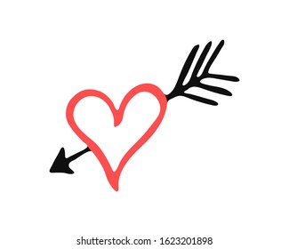 Isolated red hand drawn heart with black arrow. Cupid love symbol for logo, holiday, icon. Vector illustration