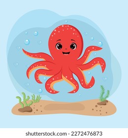 El pulpo rojo feliz aislado, el mundo submarino, la caricatura. Octopus, ilustración vectorial EPS 10