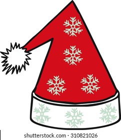 isolated red hat of Santa Claus, Christmas, snowflake, cartoon vector