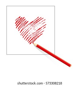Isolated red heart drawn by colored pencil on sheet of white paper on white background. Hand drawn.