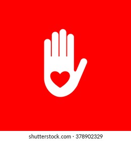 Isolated red heart in white hand vector logo. Like symbol. Give five sign. Help icon. Volunteering illustration. Heart surgery. Cardiology emblem. Medical element.