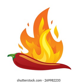 Isolated red hot chilli pepper with fire. Vector illustration