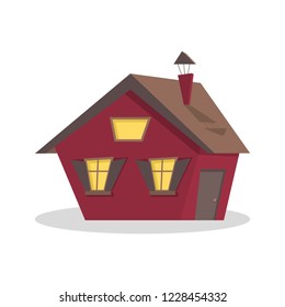 Isolated red house with luminous windows. White background. Flat cartoon style vector illustration.