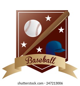 an isolated red label with a ribbon with text and baseball items