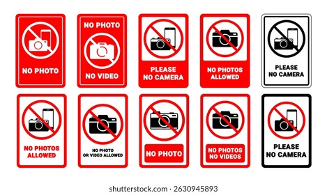 Isolated Red No Photos, No Camera Sign Design, No Photography symbol, Prohibited pictogram for Communication on Transparent Background, Editable