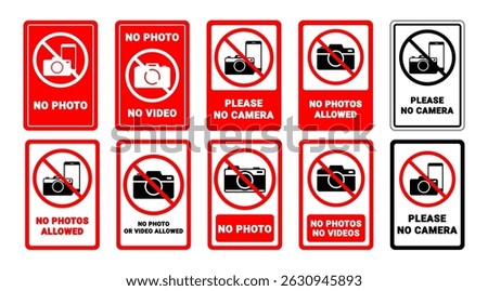 Isolated Red No Photos, No Camera Sign Design, No Photography symbol, Prohibited pictogram for Communication on Transparent Background, Editable
