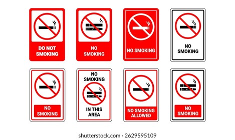 Isolated Red No Smoking sign vector design collection, Prohibited Graphic elements illustration, Public warning sign icon symbol set, Editable stock
