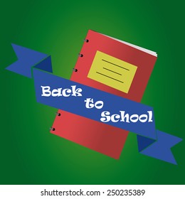 an isolated red notebook and a blue ribbon with text on a green background