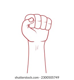 Isolated red outline illustration of hand gesture, fist punching up symbol of power, fitness, sport, team, group, people, vote, election, voice, martial art