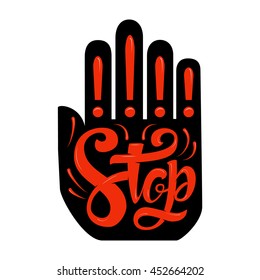 the isolated red phrase Stop. Vector illustration with hand-drawn lettering on background. 