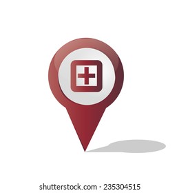 an isolated red pin with a cross icon inside it