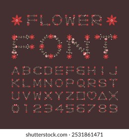 Isolated red and pink daisy flower font alphabet character with number and symbol