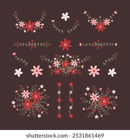 Isolated red and pink daisy flowers wreath with branch and leaves. Vector bouquet and decorative object