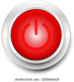 isolated red power button with silver circle freme on grey background