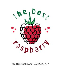 Isolated red raspberry on white background. Hand drawn emblem with ripe raspberry