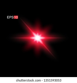 isolated red Rays with lens flare, Sun flare, flare on the black background. Transparent Vector Illustration