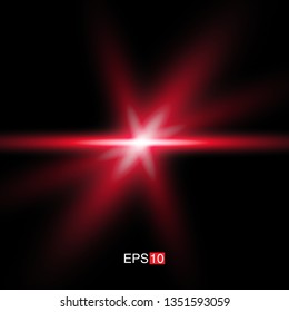 isolated red Rays with lens flare, Sun flare, flare on the black background. Transparent Vector Illustration