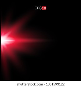 isolated red Rays with lens flare, Sun flare, flare on the black background. Transparent Vector Illustration