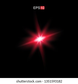isolated red Rays with lens flare, Sun flare, flare on the black background. Transparent Vector Illustration