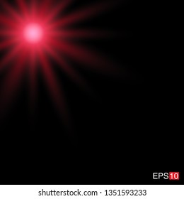 isolated red Rays with lens flare, Sun flare, flare on the black background. Transparent Vector Illustration