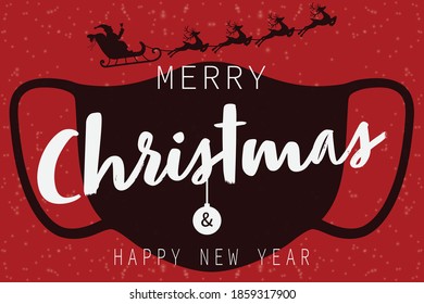 Isolated red realistic medical face mask with text Merry Christmas. Christmas greetings trend. Outbreak Coronavirus. Healthcare concept. Vector illustration.