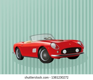 Isolated red retro car on the vintage background in mint color stripes. Vector