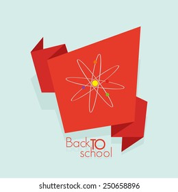 an isolated red ribbon with an atom and text on a colored background