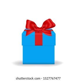 isolated red ribbon bow on blue gift box on white background. concept for mock up gift for christmas and new year festival in vector illustration