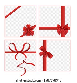Isolated red ribbon bow set on blank square gift box mockups with transparent background - present box or wrapping paper design template - festive isolated vector illustration