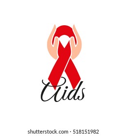 Isolated red ribbon in human hands. Disease awareness. World Aids Day concept. Stop virus icon. International support campaign for sick people. Vector illustration