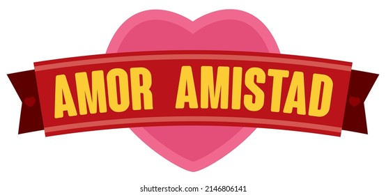 Isolated red ribbon with tiny hearts in the edges, and greeting message to celebrate the Colombian 'Dia de Amor y Amistad' or Day of Love and Friendship, written in Spanish.