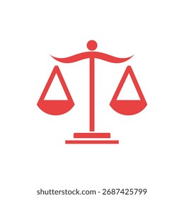Icono de balance de escala roja aislado sobre fondo transparente. Muestra el símbolo de la justicia, la silueta del glifo de la ley, la medición del peso y el diseño del equilibrio de la sala de audiencias.
