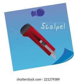 an isolated red scalpel on a blue background with text