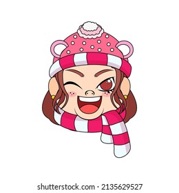 Isolated red scarf girl christmas borderline cute face vector illustration