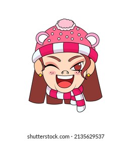 Isolated red scarf woman christmas borderline cute face vector illustration