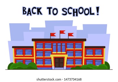 Isolated red school building. Landscape. Urban exterior.