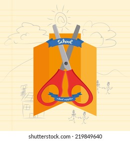 an isolated red scissors on a paper with a sketch